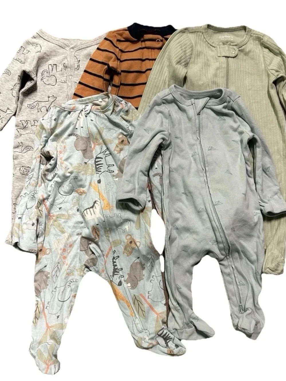 Baby Boy Footie Pajamas Ribbed Animals 2 Way Zipper Size 0-3 Months